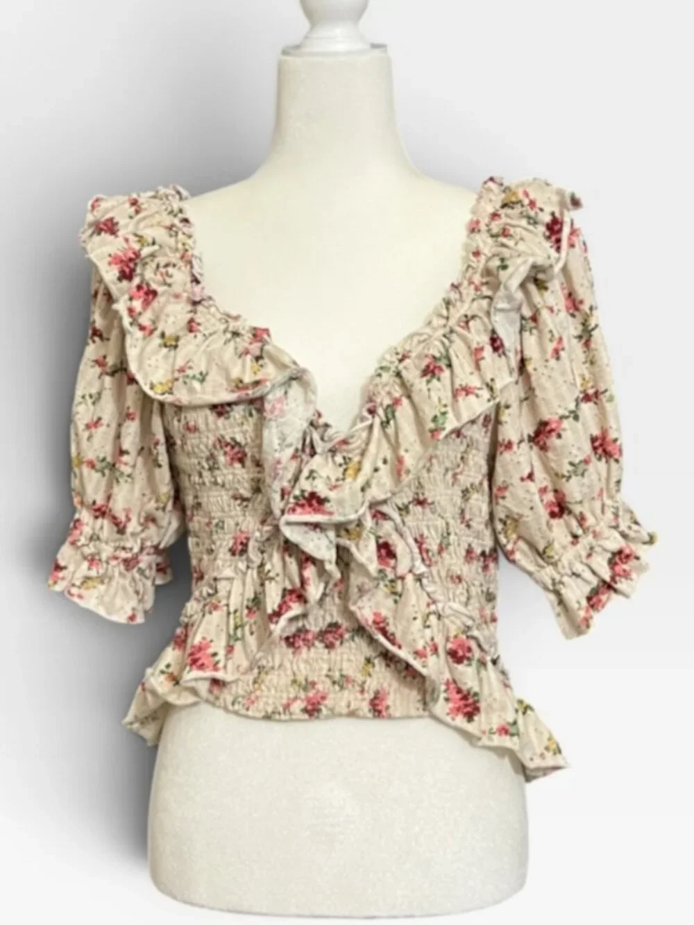 Free People Floral Smocked Ruffle Blouse Top Size L Fairy Cottagecore Boho